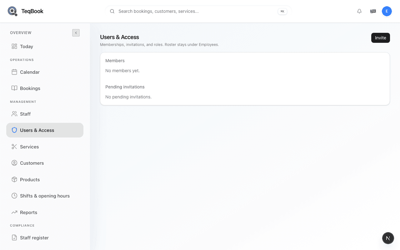 Users & Access page in the TeqBook dashboard