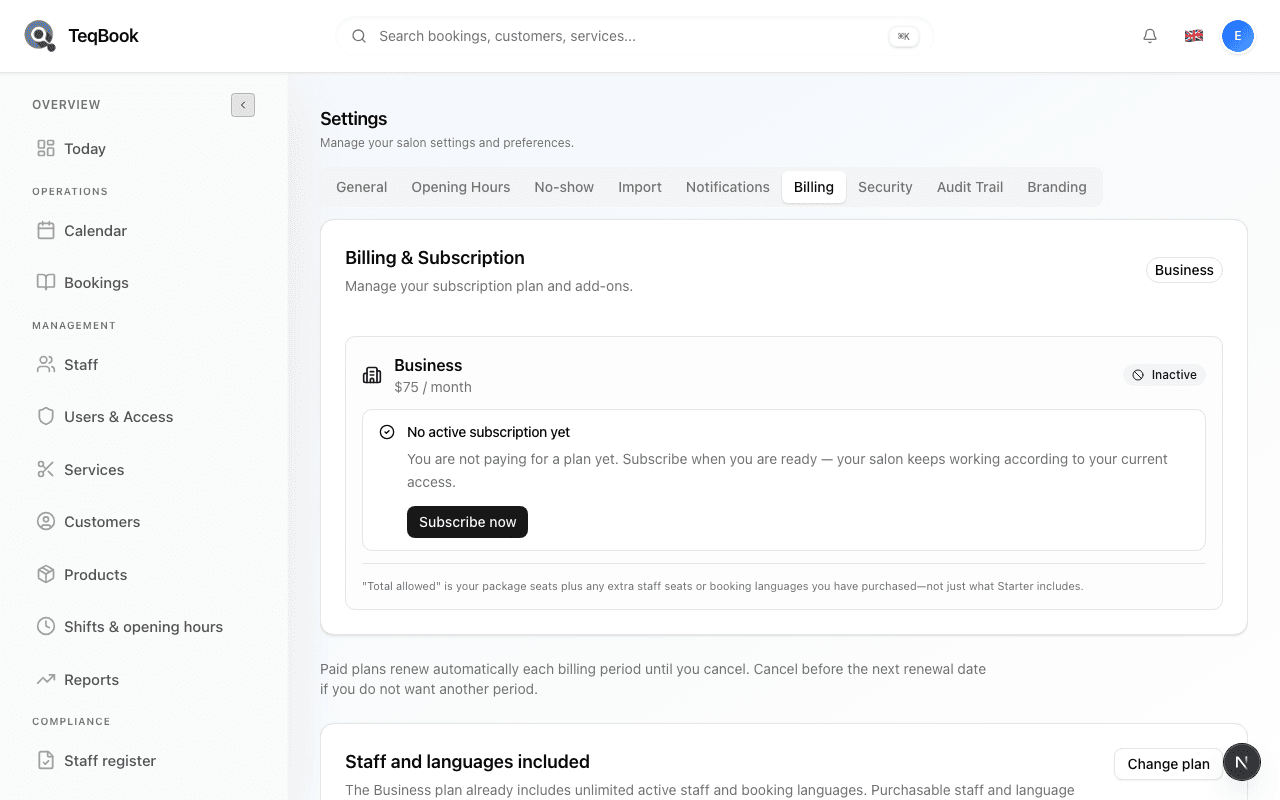 manage plan and billing screenshot