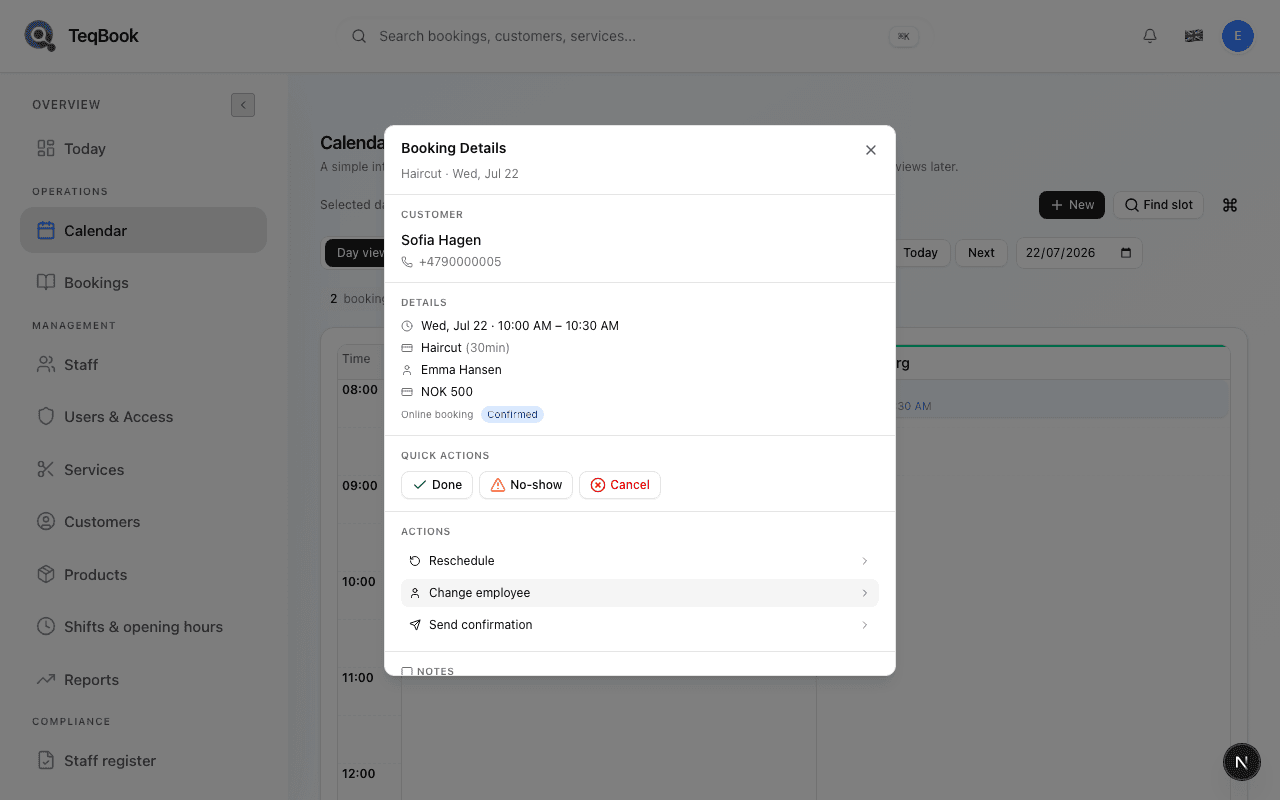 Booking Details dialog on Calendar