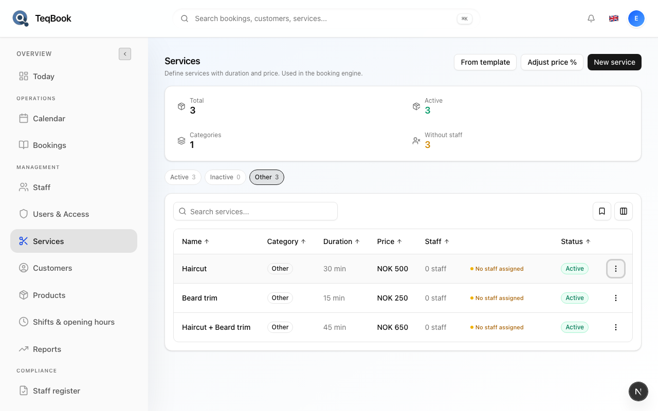 Services list after creating from template