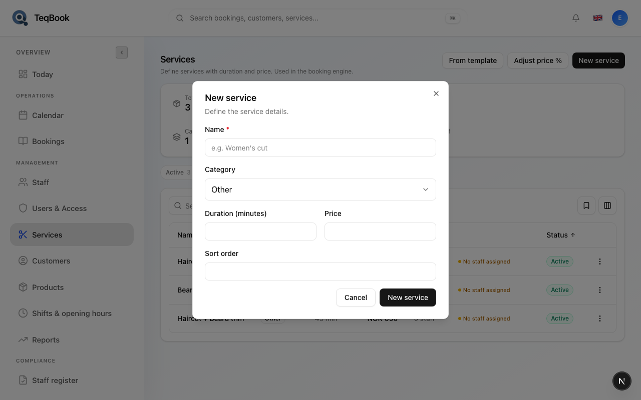 New service dialog
