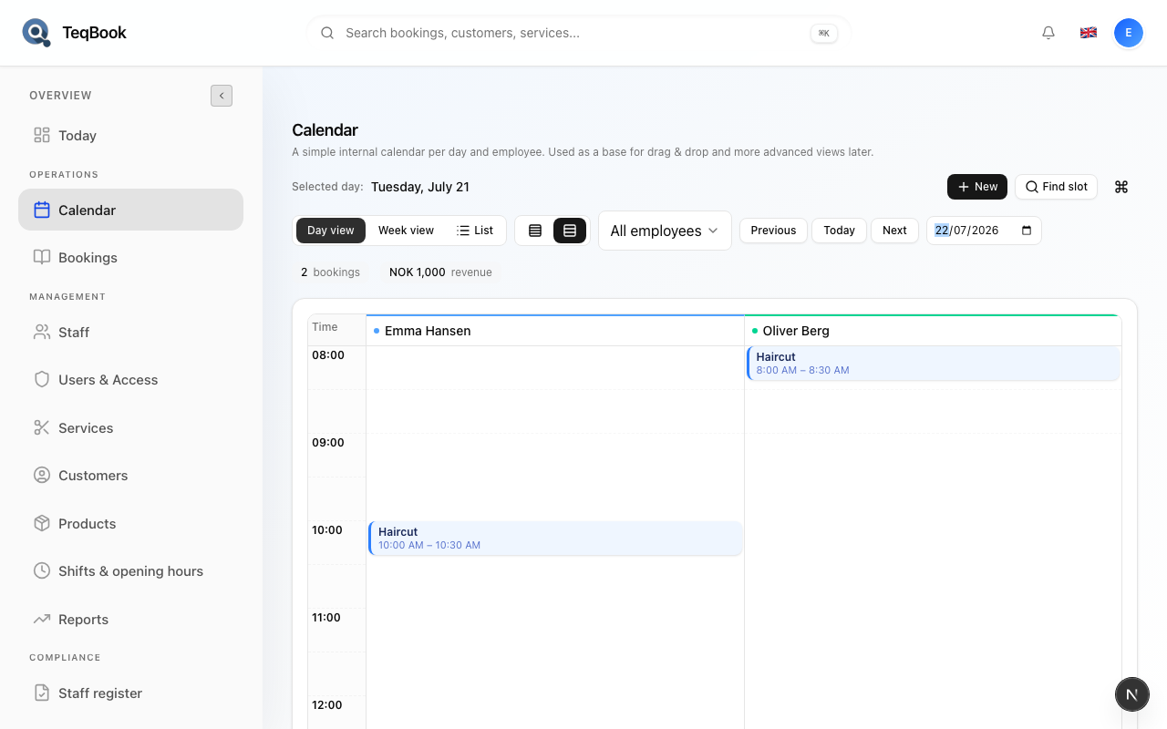 TeqBook Calendar page in the dashboard sidebar