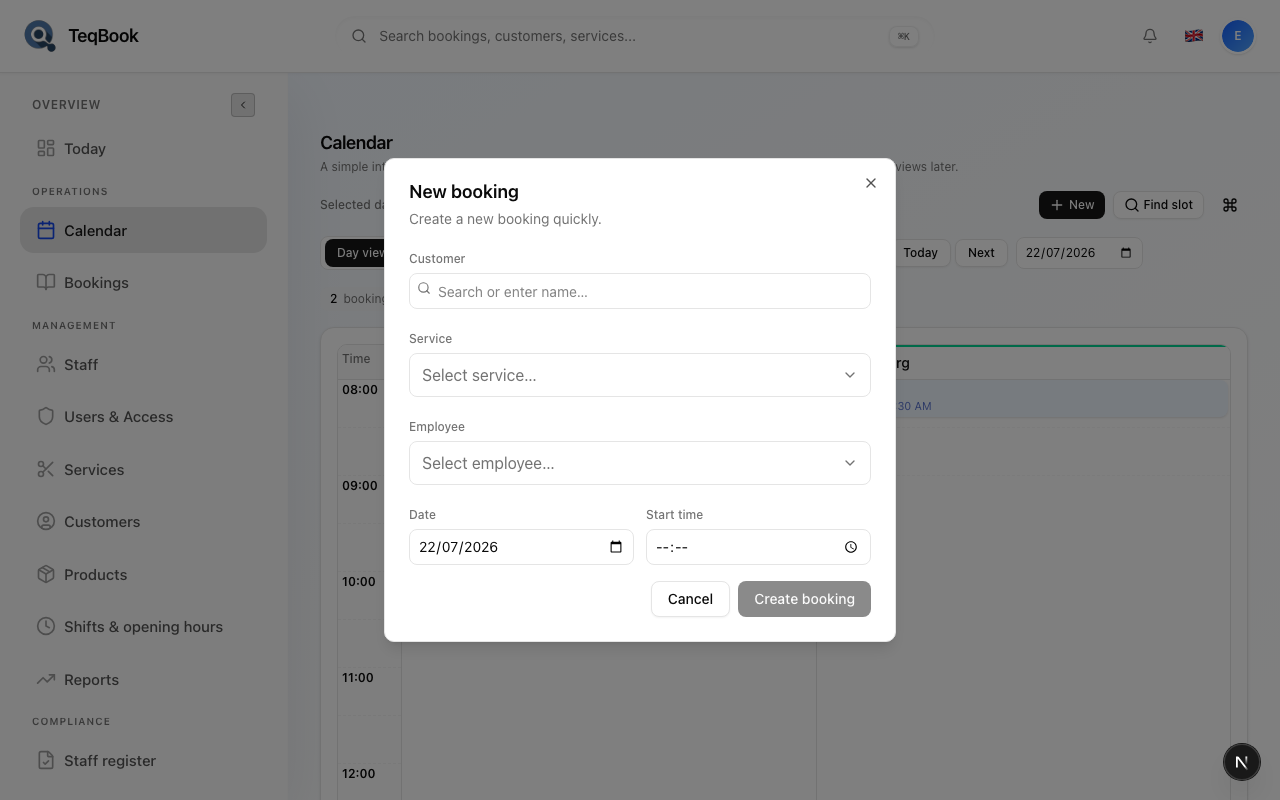 New booking action on the TeqBook calendar