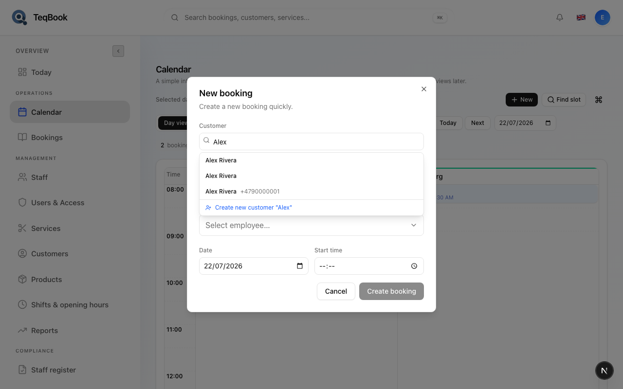 Customer search showing Alex Rivera in New booking