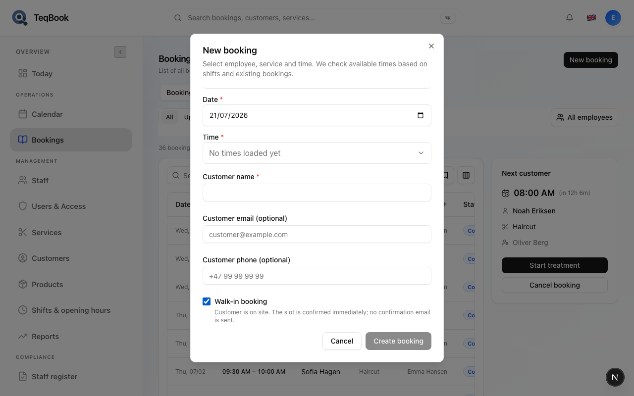 New booking dialog with Walk-in booking enabled