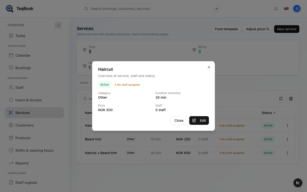 Service details dialog