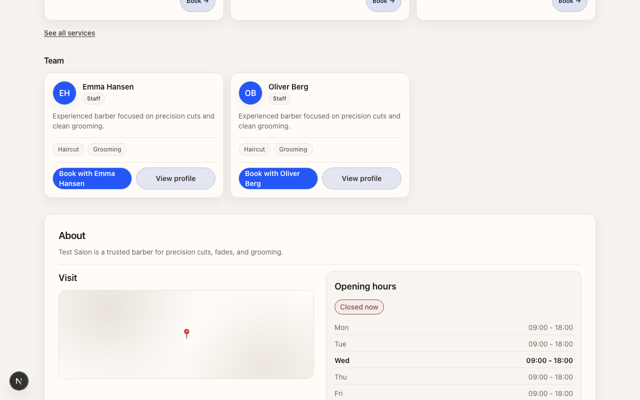 Services and Team on public salon page
