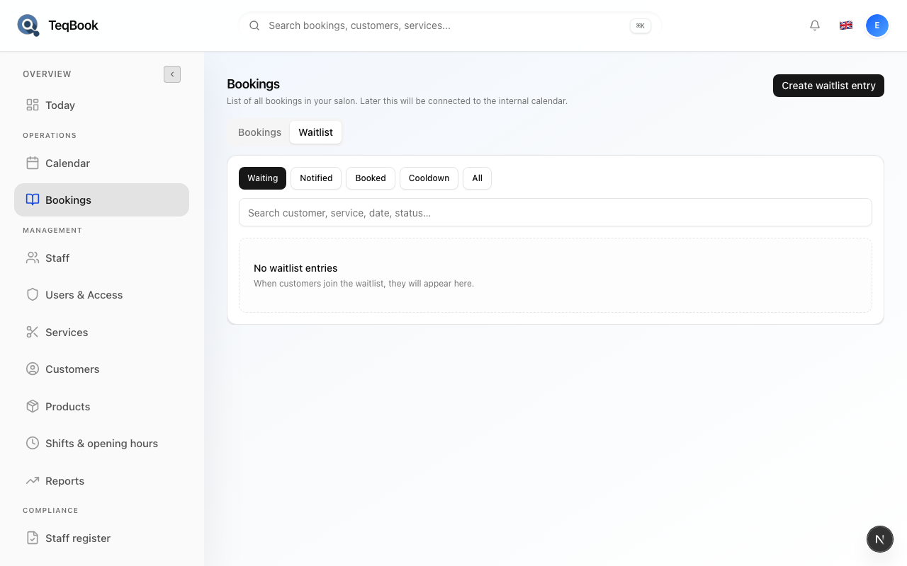 Bookings Waitlist tab with filters