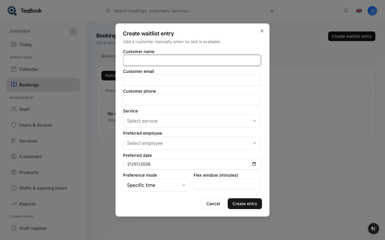 Create waitlist entry dialog