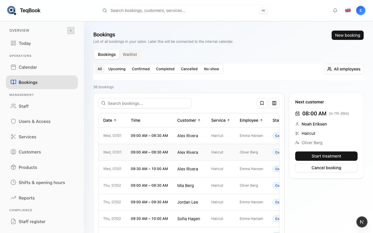 Bookings list with status chips and search