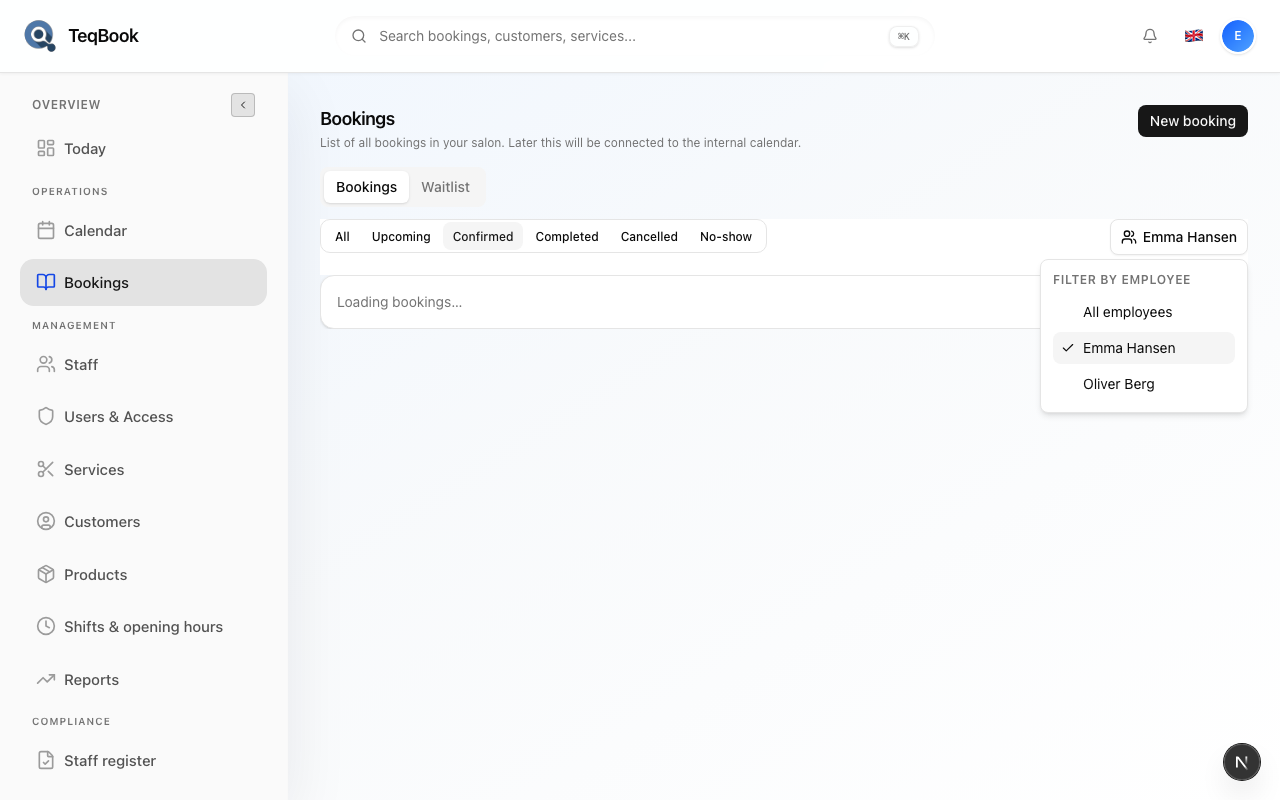 Bookings narrowed by employee filter