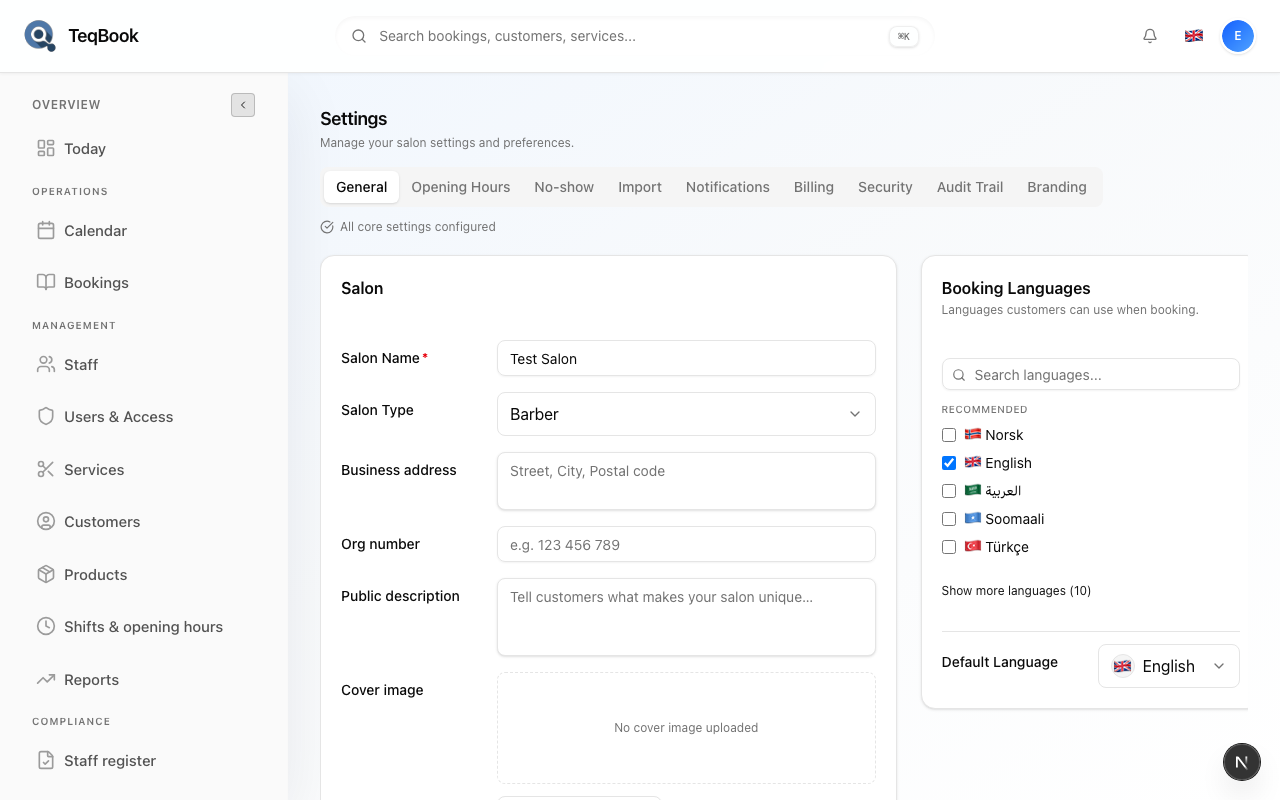 Settings General Booking Languages
