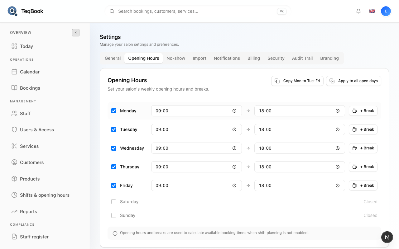 Settings Opening Hours page
