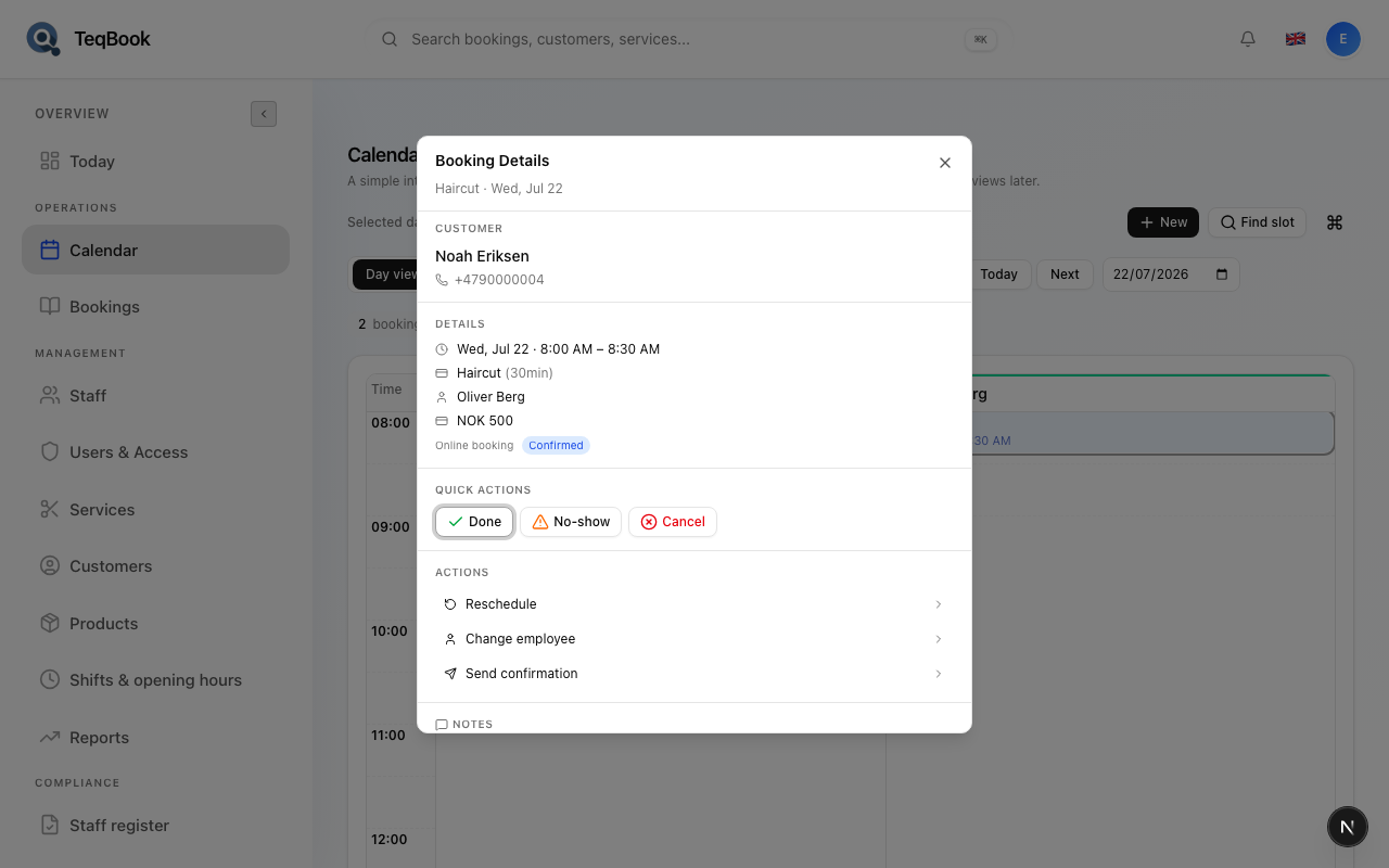 Notes and actions area on Booking Details